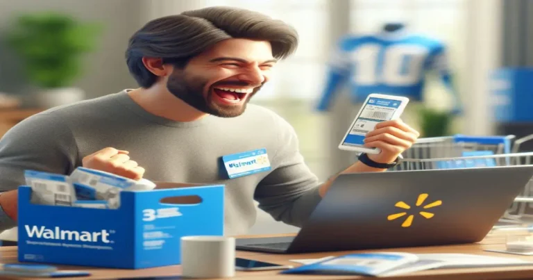 Realistic image of a person happily working on a laptop with Walmart products around
