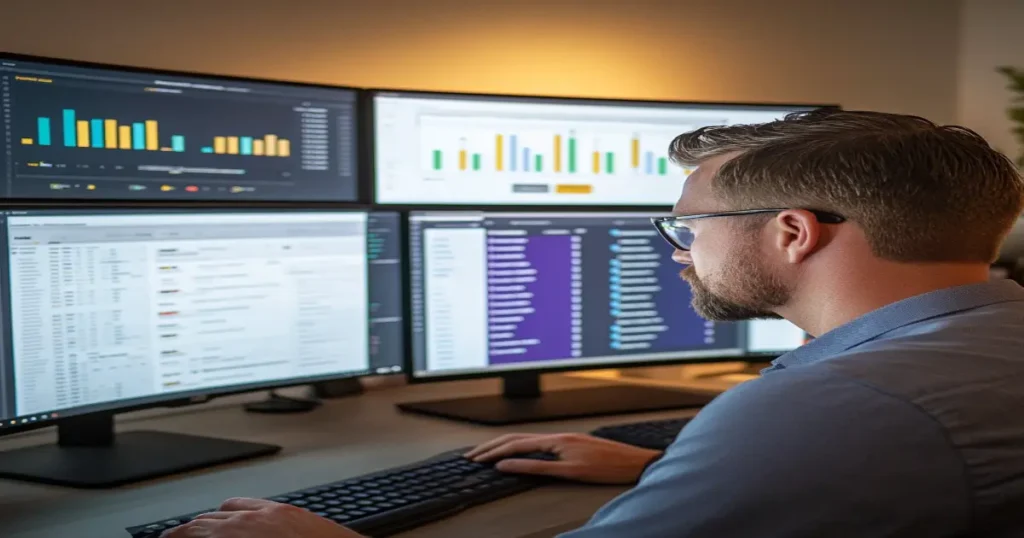 An analyst reviewing PPC campaign performance on multiple monitors, highlighting key metrics and ROI