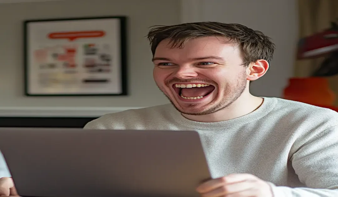 Person excited about high ticket affiliate marketing earnings on a laptop.