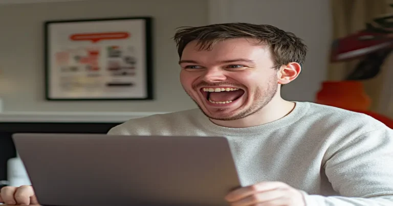 Person excited about high ticket affiliate marketing earnings on a laptop.